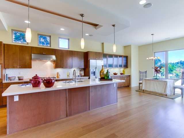 Open kitchen with maple cabinets and reeded glass doors
